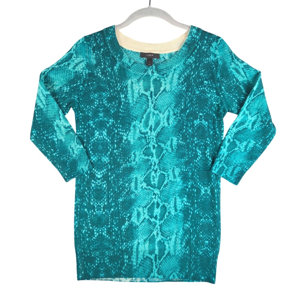 J.Crew Womens Teal Snake Print Merino Wool 3/4 Sleeve Sweater XS Lightweight